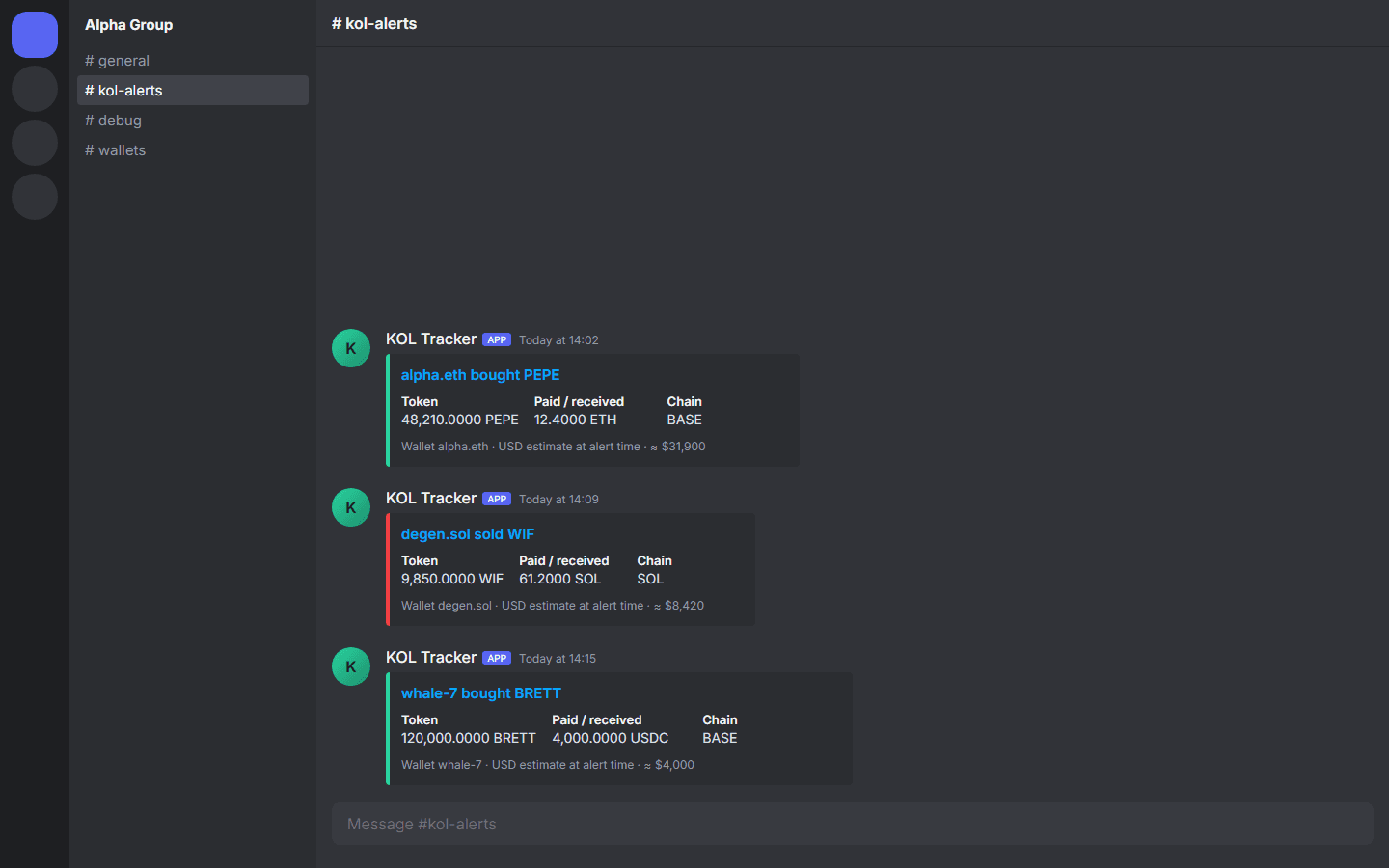 Discord channel with swap alerts from the tracker
